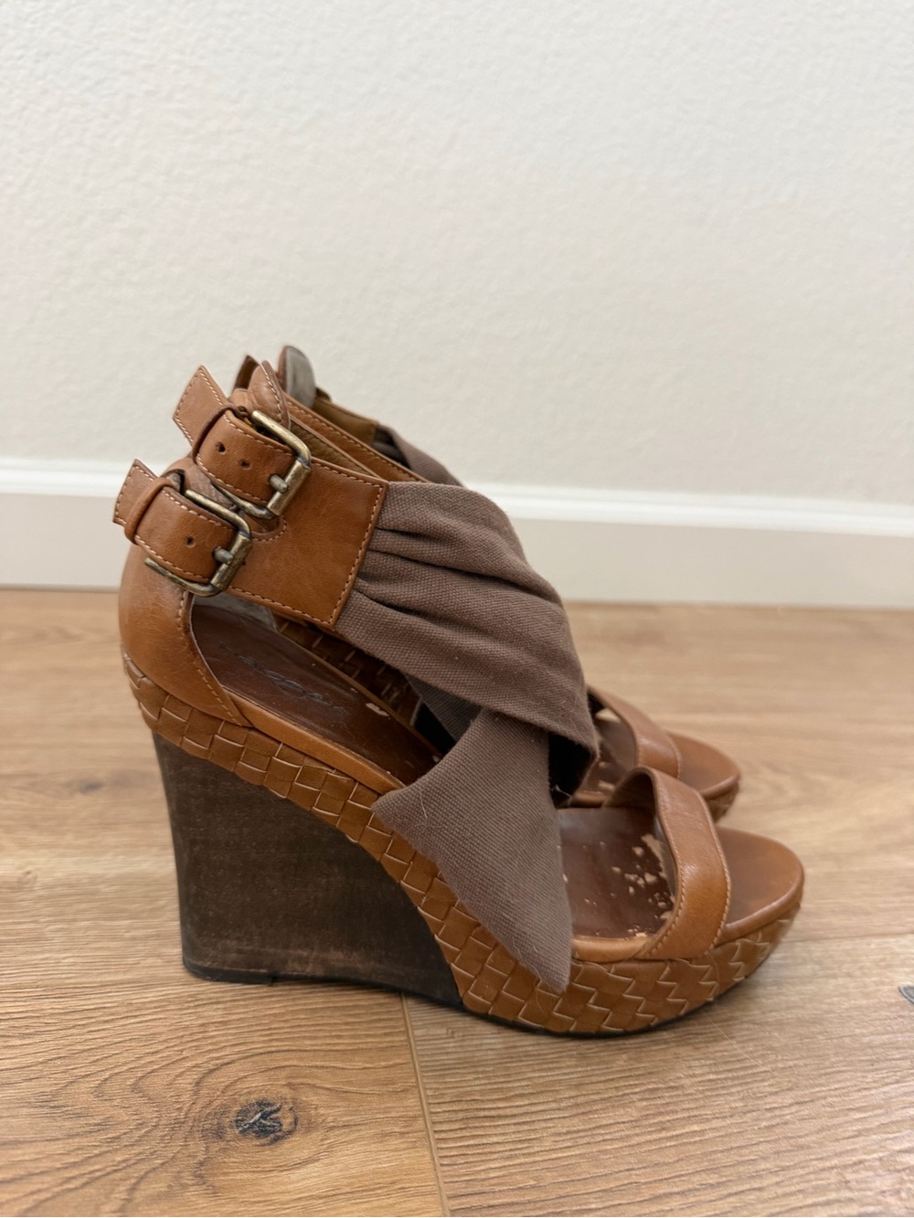 Woven Leather Wedge Sandal with Brown Fabric Wrap